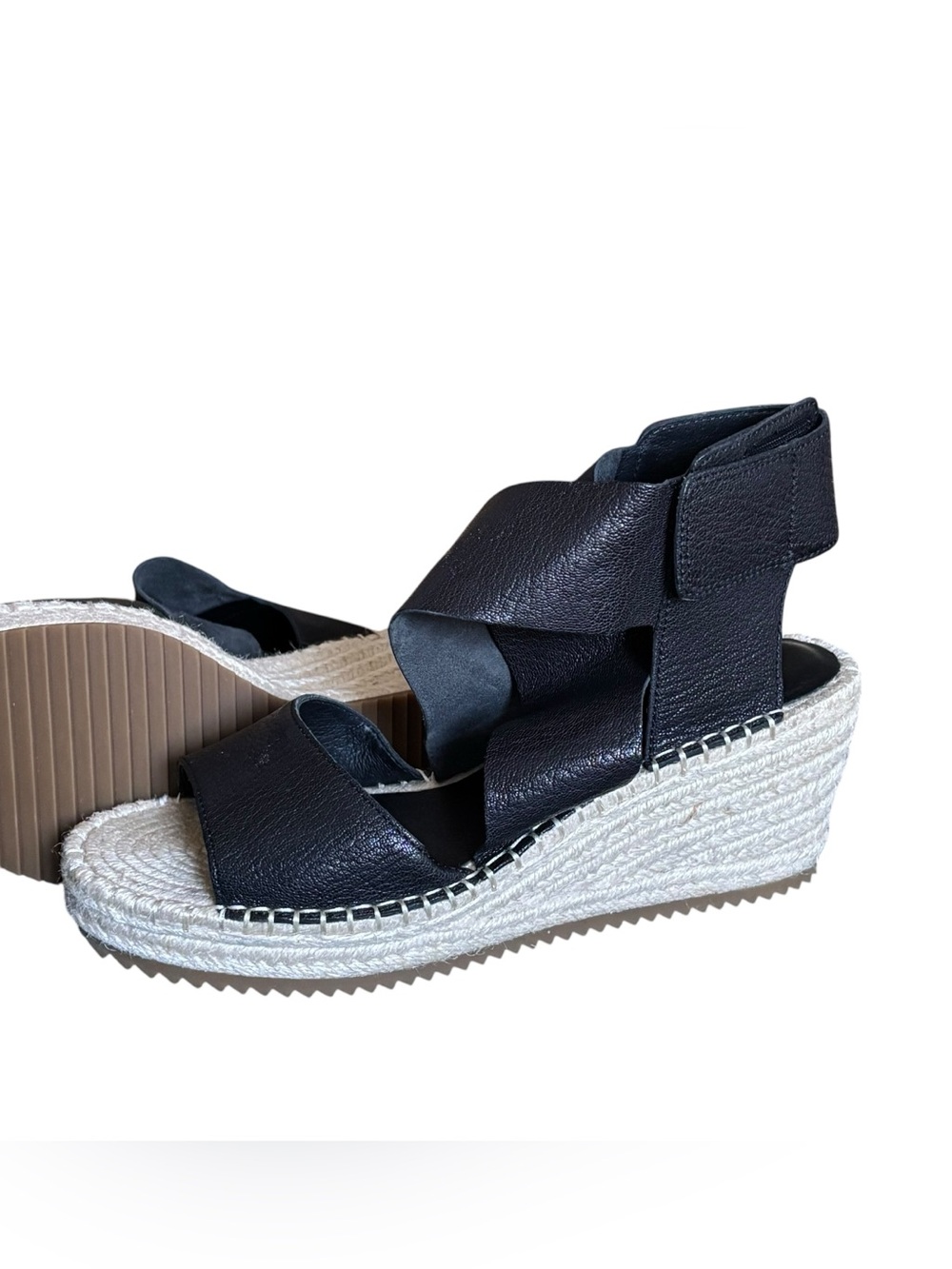 Eileen Fisher Willow Black Tumbled Leather Wedge Espadrille Sandals Crisscross